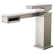 Brushed nickel single-handle bathroom faucet with angular geometric design and curved spout.
