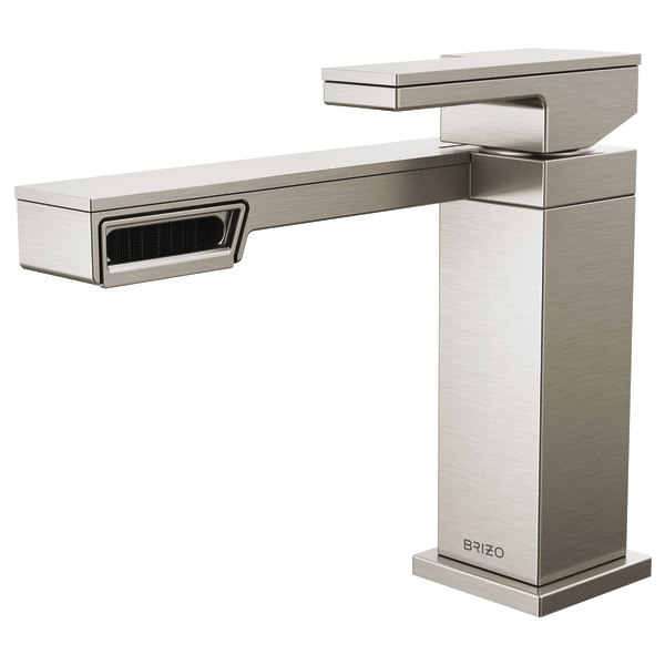Brushed nickel single-handle bathroom faucet with angular geometric design and curved spout.