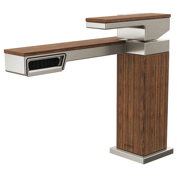 Chrome and wood-grain single-handle bathroom faucet with geometric modernist design and black spout detail.