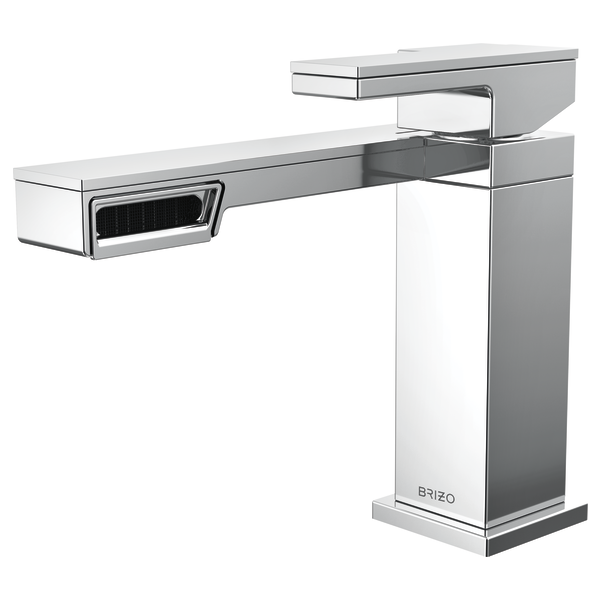 Chrome single-handle lavatory faucet with geometric design and extended spout over white basin.