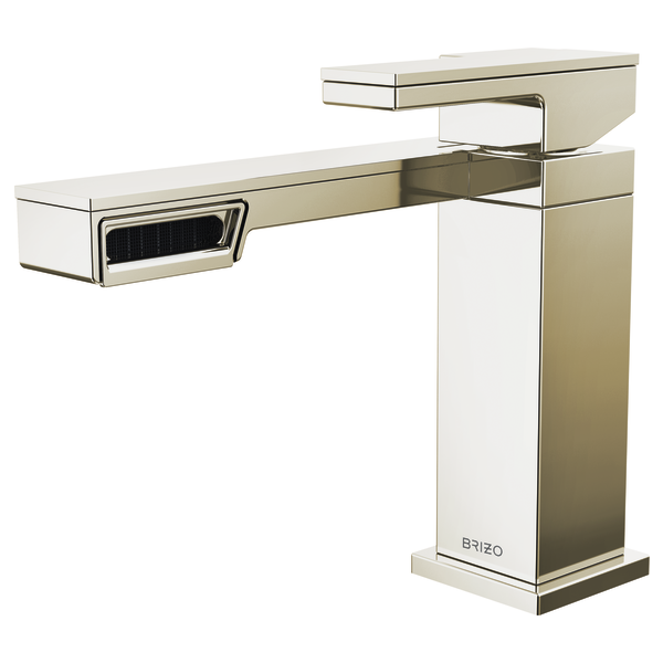 Chrome and white single-handle lavatory faucet with rectangular spout and tall vertical body.