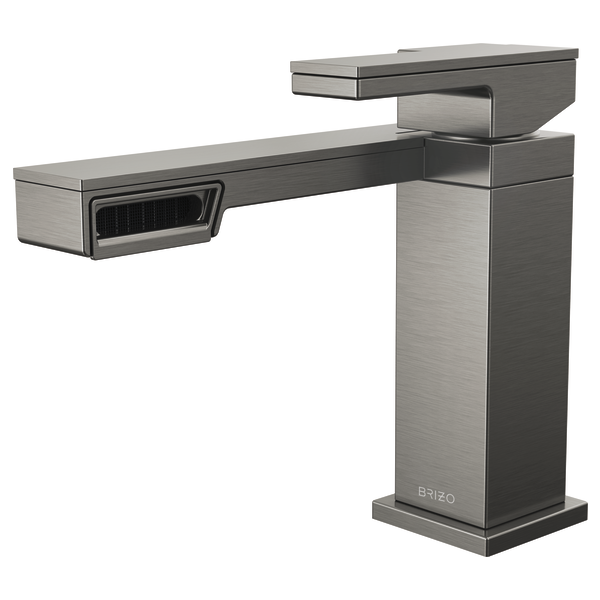 Brushed stainless steel single-handle bathroom faucet with geometric angular design and curved spout.