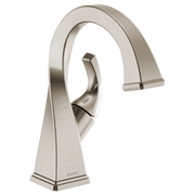 Brushed nickel single-handle bathroom faucet with curved spout and square base.