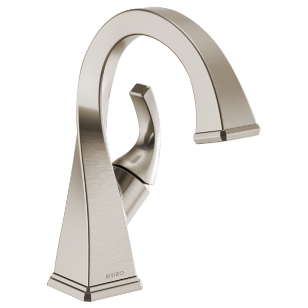 Brushed nickel single-handle bathroom faucet with curved spout and square base.