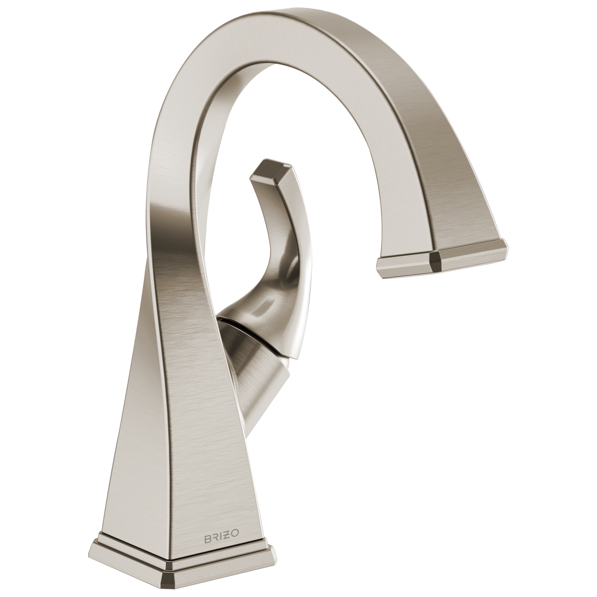 Brushed nickel single-handle bathroom faucet with curved spout and rectangular base.