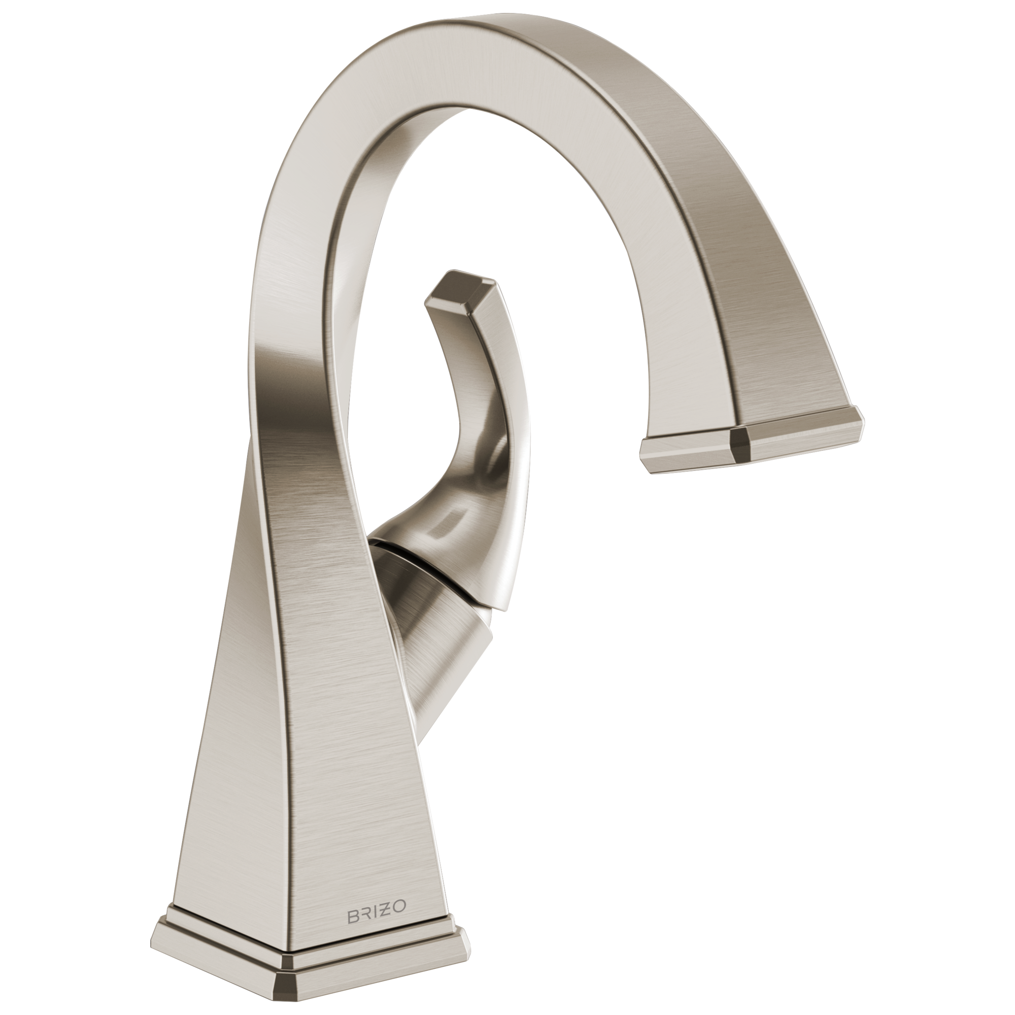Brushed nickel single-handle bathroom faucet with curved spout and rectangular base.