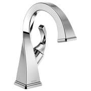 Chrome single-handle bathroom faucet with curved spout and square base.