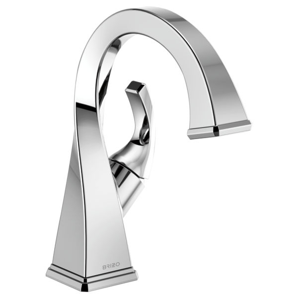 Chrome single-handle bathroom faucet with curved spout and square base.