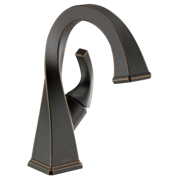 Single-handle bathroom faucet with curved spout and lever handle in brushed bronze finish.