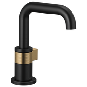 Matte black single-handle bathroom faucet with luxe gold textured accent band and curved spout.