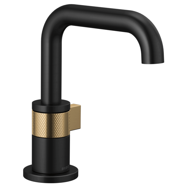 Matte black single-handle bathroom faucet with luxe gold textured accent band and curved spout.