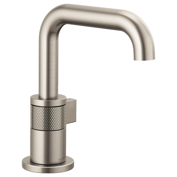 Brushed nickel single-handle bathroom faucet with curved spout and textured grip band on cylindrical base.