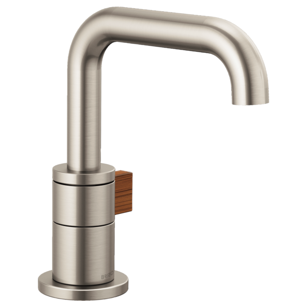 Brushed nickel single-handle lavatory faucet with curved spout and wood accent handle lever.