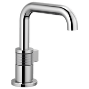 Chrome single-handle bathroom faucet with curved spout and textured grip band on cylindrical base.