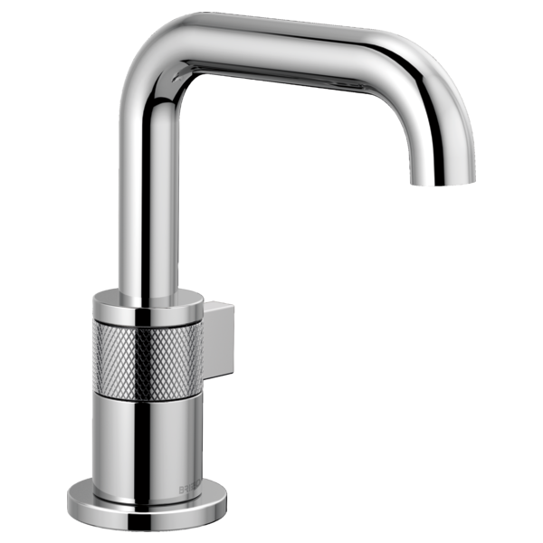 Chrome single-handle bathroom faucet with curved spout and textured grip band on cylindrical base.