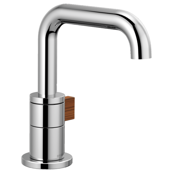 Chrome single-handle lavatory faucet with curved spout and wooden lever accent on cylindrical base.