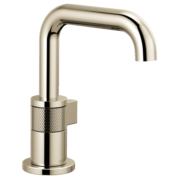 Polished nickel single-handle bathroom faucet with curved spout and textured grip band around cylindrical body.
