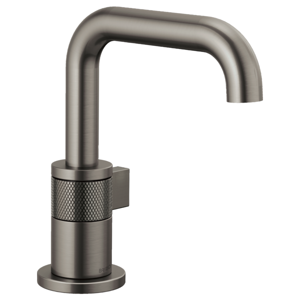 Brushed nickel single-handle bathroom faucet with curved spout and textured grip band.