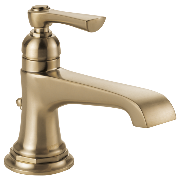 Champagne bronze single-handle bathroom faucet with curved spout and circular base.