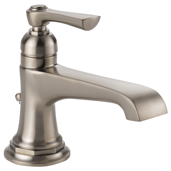 Brushed nickel single-handle bathroom faucet with curved spout and round base.