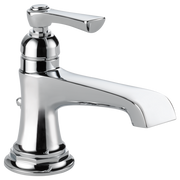 Chrome single-handle bathroom faucet with curved spout and round base.
