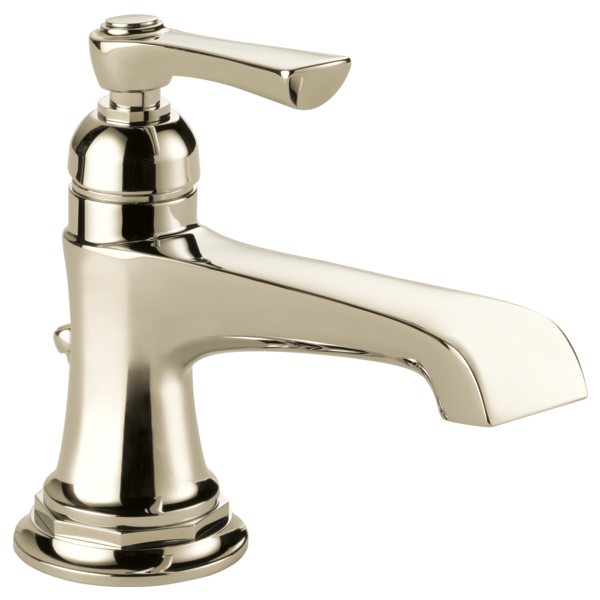 Polished nickel single-handle bathroom faucet with curved spout and cylindrical body.