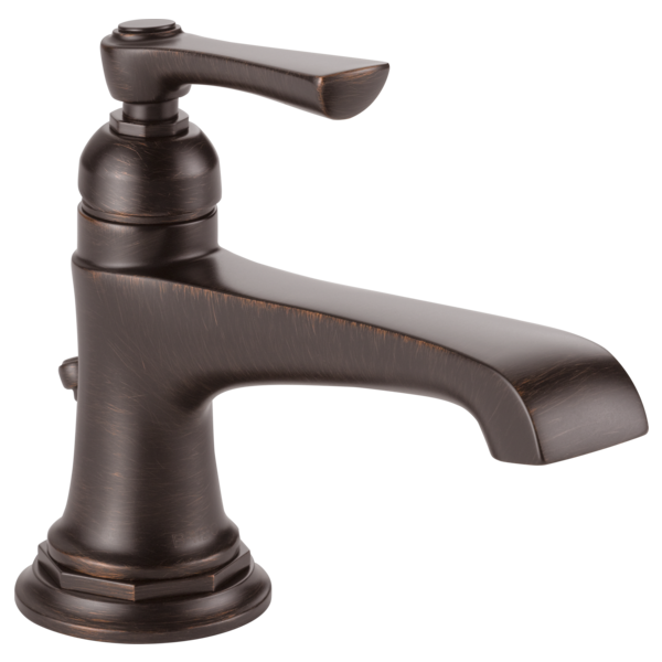 Oil-rubbed bronze single-handle bathroom faucet with curved spout and cylindrical base.
