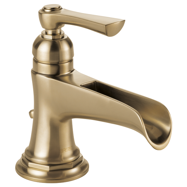 Champagne bronze single-handle lavatory faucet with curved channel spout and cylindrical body.