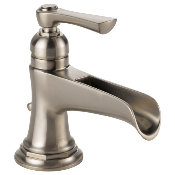 Brushed nickel single-handle bathroom faucet with curved channel spout and round base.
