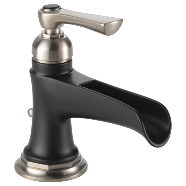 Black and brushed nickel single-handle bathroom faucet with curved channel spout and round base.