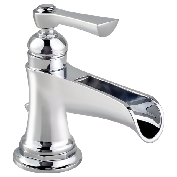 Chrome single-handle bathroom faucet with curved channel spout and round base.