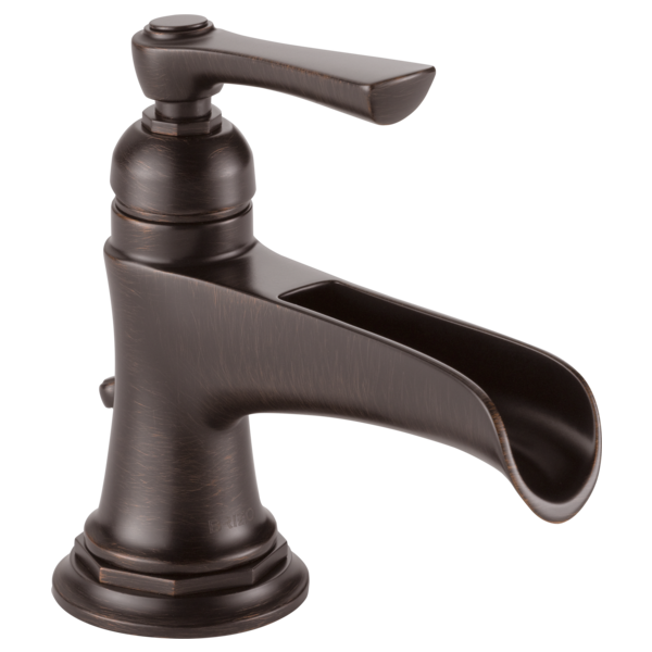 Bronze single-handle bathroom faucet with curved spout and cylindrical body on circular base.