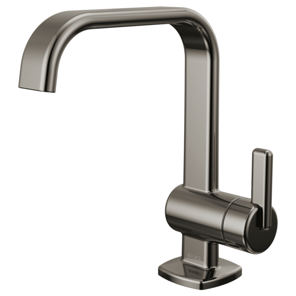 Brushed nickel single-handle lavatory faucet with curved spout and rectangular base.