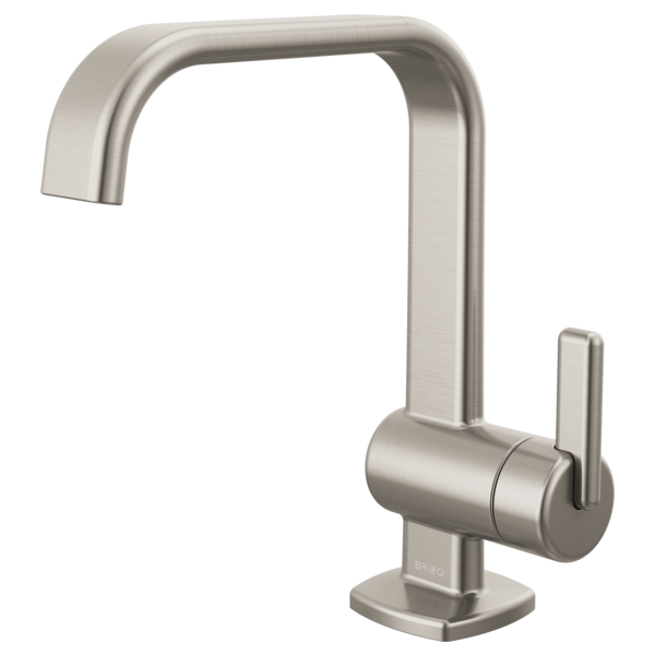 Brushed nickel single-handle bathroom faucet with curved spout and lever control on square base.