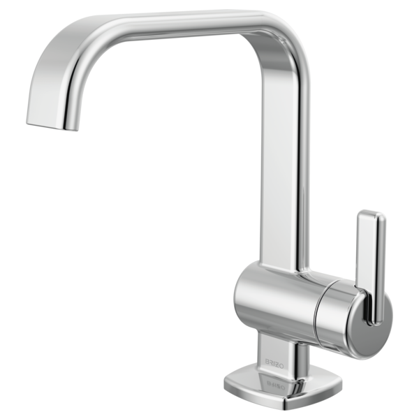 Chrome single-handle bathroom faucet with curved spout and cylindrical handle on square base.