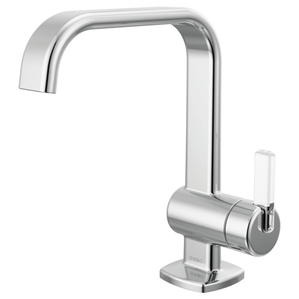 Chrome single-handle lavatory faucet with curved spout and cylindrical handle on square base.
