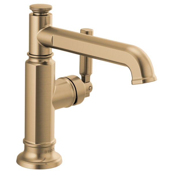 Brushed gold single-handle bathroom faucet with curved spout and cylindrical vertical body.