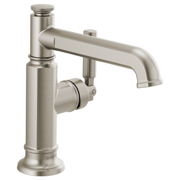 Brushed nickel single-handle bathroom faucet with tall cylindrical base and curved spout.