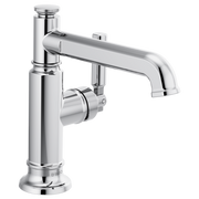 Chrome single-handle bathroom faucet with curved spout and cylindrical body on circular base.
