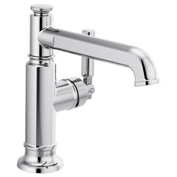 Chrome single-handle bathroom faucet with curved spout and cylindrical body on circular base.