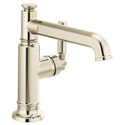 Polished nickel single-handle lavatory faucet with cylindrical base and curved spout.