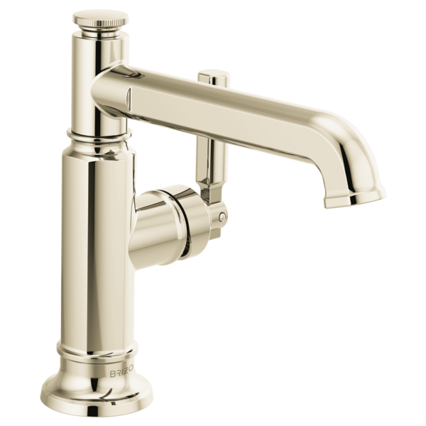 Polished nickel single-handle lavatory faucet with cylindrical base and curved spout.
