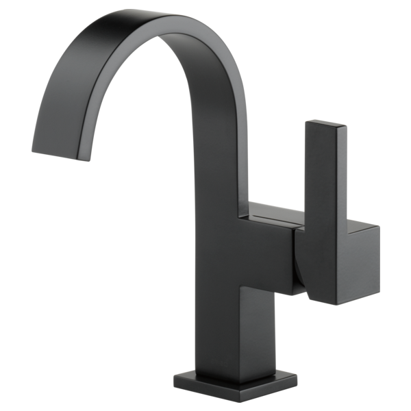 Black single-handle bathroom faucet with curved spout and rectangular base on white background.