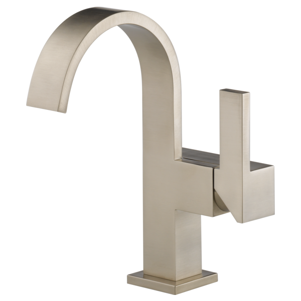 Brushed nickel single-handle bathroom faucet with curved spout and rectangular lever handle.