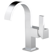 Chrome single-handle bathroom faucet with curved high-arc spout and square base.