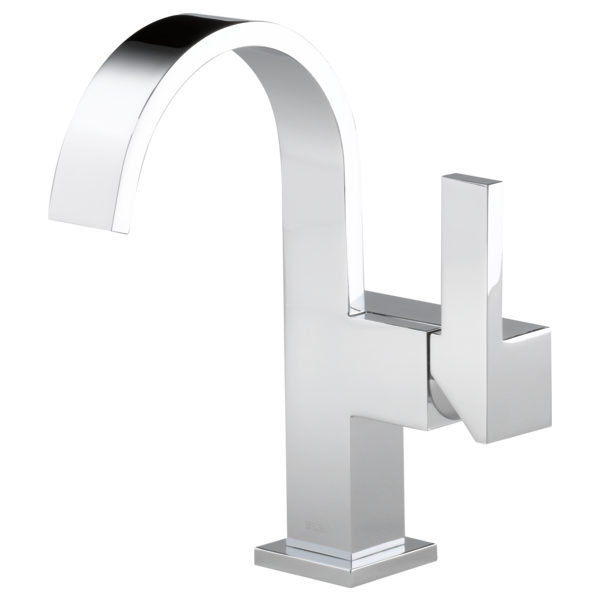 Chrome single-handle bathroom faucet with curved high-arc spout and square base.