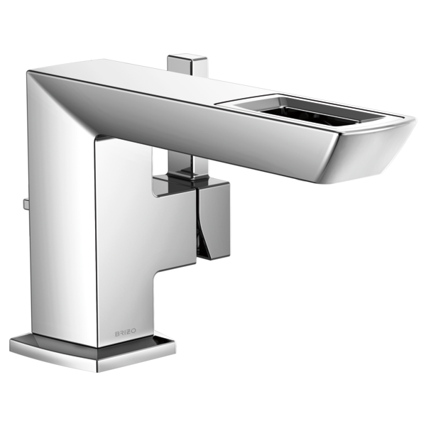Chrome single-handle bathroom faucet with rectangular spout and square base.