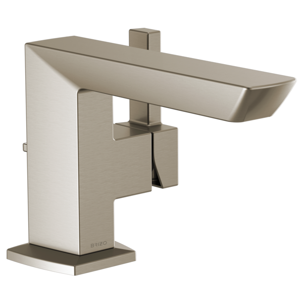Brushed nickel single-handle lavatory faucet with rectangular spout and square base.