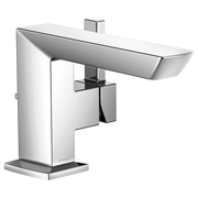 Chrome single-handle bathroom sink faucet with rectangular spout and angular base design.
