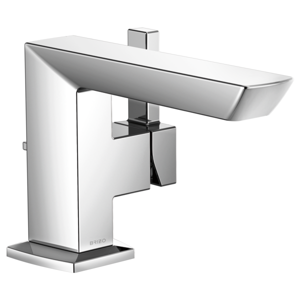 Chrome single-handle bathroom sink faucet with rectangular spout and angular base design.